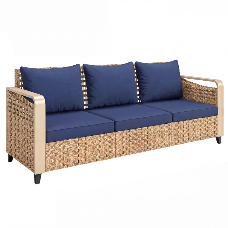 Outsunny Rattan Wicker Sofa 3-Seater Outdoor Patio Sofa with Cushions for Garden Backyard Porch Dark Blue