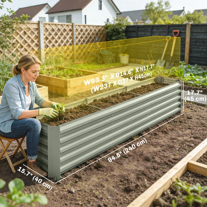 Outsunny 8 x 1.3 x 1.5ft Galvanized Raised Garden Bed, Reinforced Outdoor Planter Box with Open Bottom, Light Grey