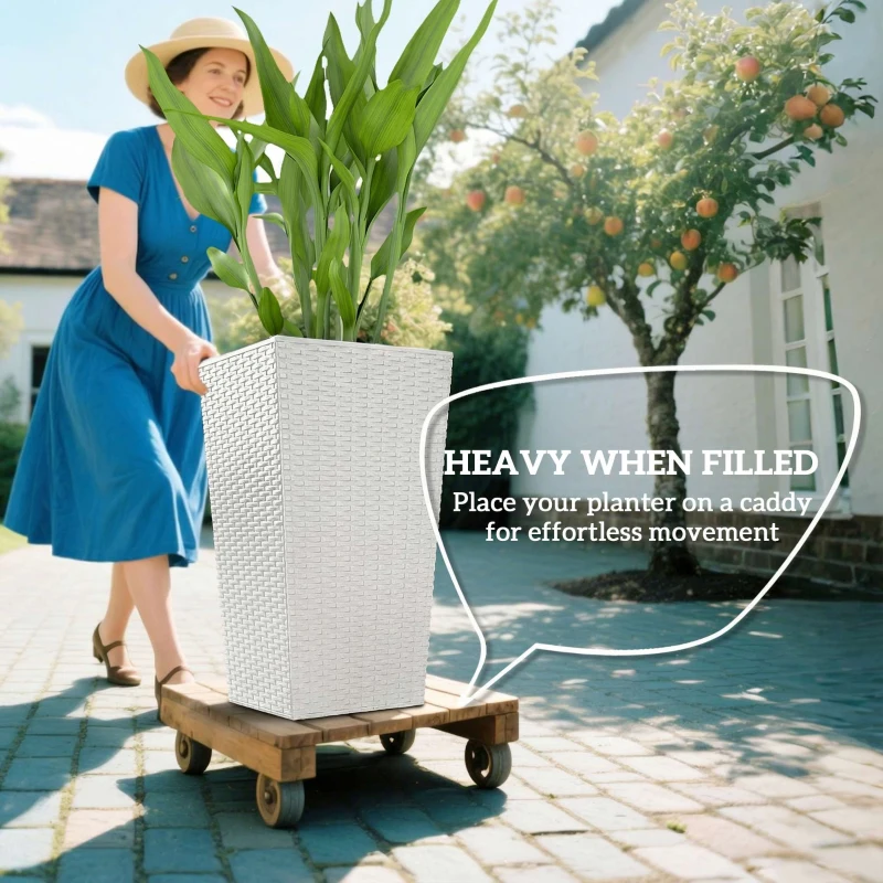 Outsunny Tall Planters for Outdoor Plants Set of 3, 24 In Taper Planters with Drainage Holes, Rattan Decor Plant Pots, White