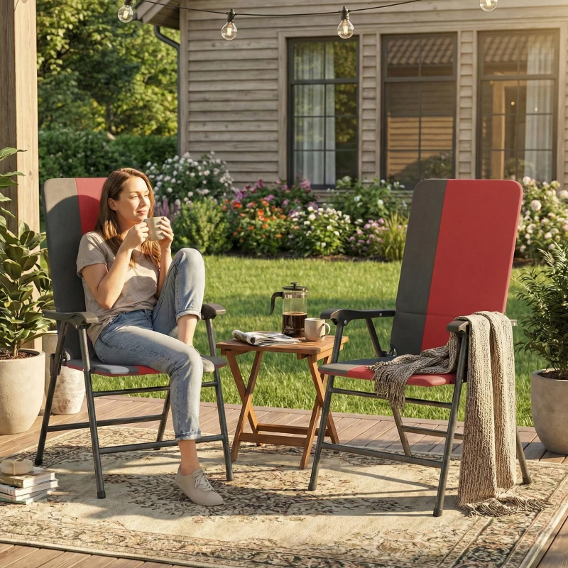 Outsunny Folding Patio Chairs Set of 2, Padded High Back Lawn Camping Chairs with Armrests, 600D Oxford Fabric, Red