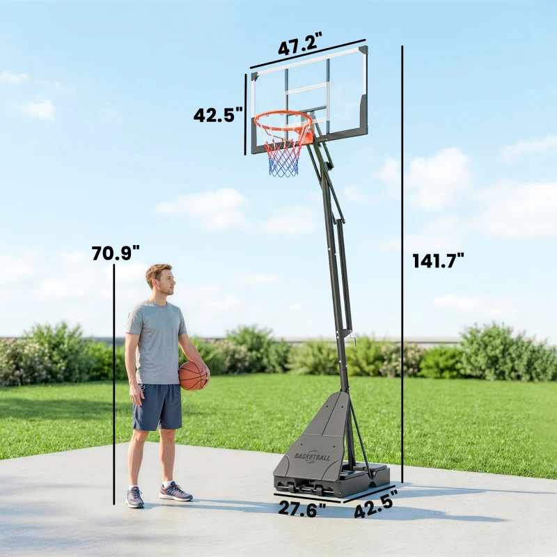 Soozier Portable Basketball Hoop Outdoor, 8-10ft Adjustable Basketball Goal, 47 Inch Shatterproof Backboard, Hand-Crank Lift
