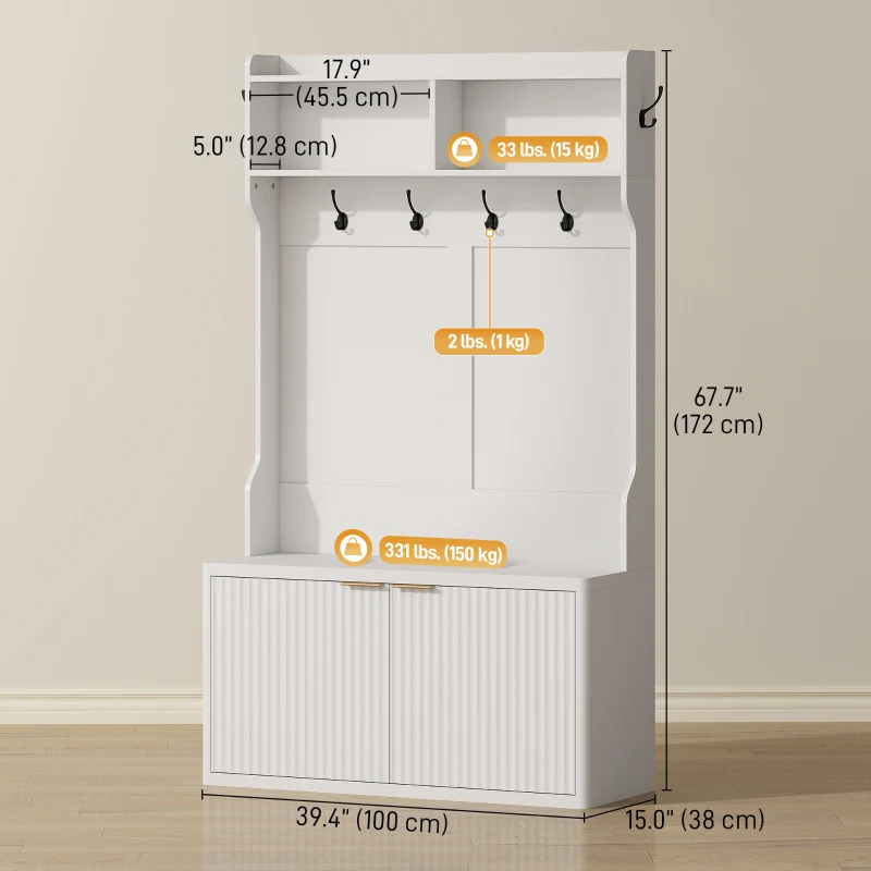 HOMCOM 4-In-1 Hall Tree with Shoe Bench, Modern Coat Rack with Open Shelf for Hallway, Entryway, Bedroom, Living Room, White