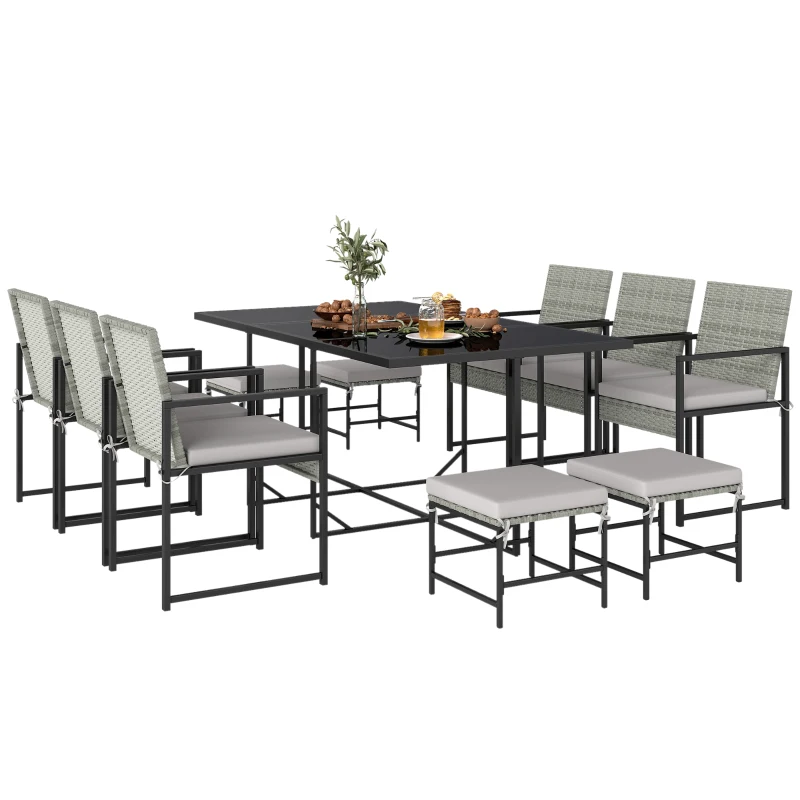 Outsunny 11 Pieces Wicker Patio Dining Set, Rattan Outdoor Furniture Set with 6 Armchairs, 4 Stools, Light Grey
