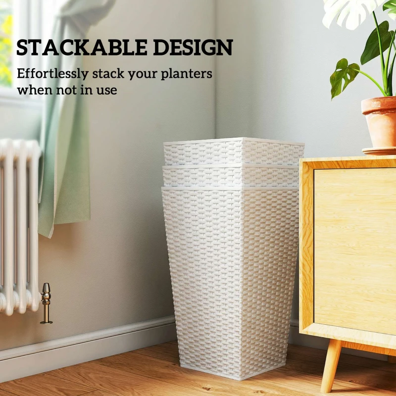 Outsunny Tall Planters for Outdoor Plants Set of 3, 24 In Taper Planters with Drainage Holes, Rattan Decor Plant Pots, White