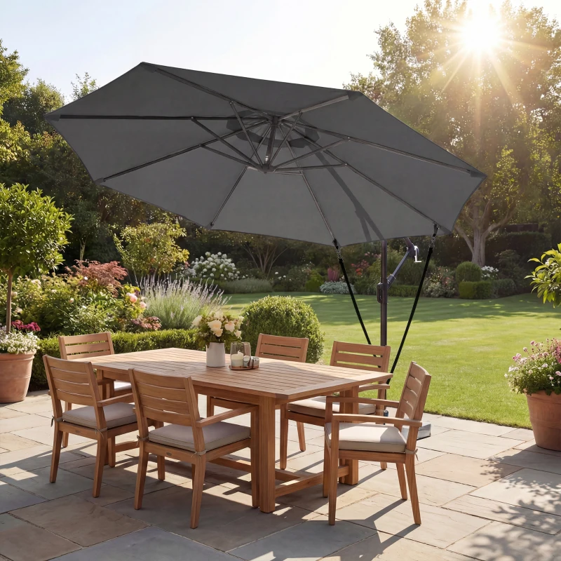Outsunny 10FT Cantilever Patio Umbrella with 8 Ribs, Offset Patio Umbrella with Cover and Wind Ropes for Garden, Yard, Dark Grey