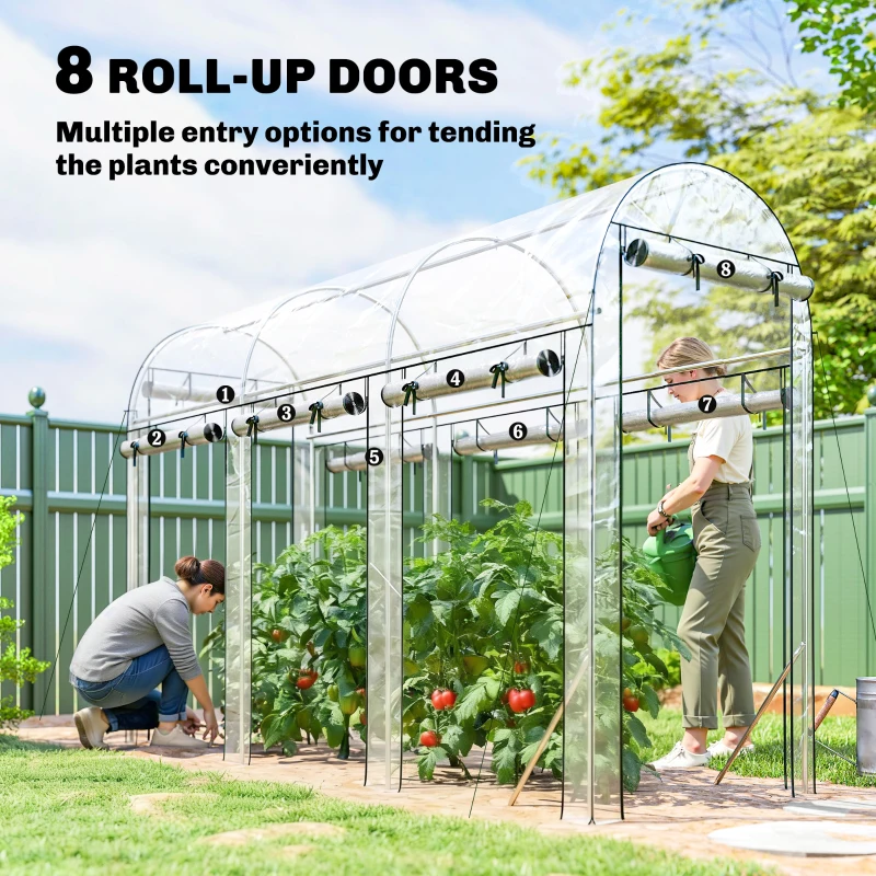 Outsunny Walk-in Tunnel Greenhouse, Hoop House Greenhouse with 8 Roll-Up Doors, 10' x 3' x 6.5', Clear