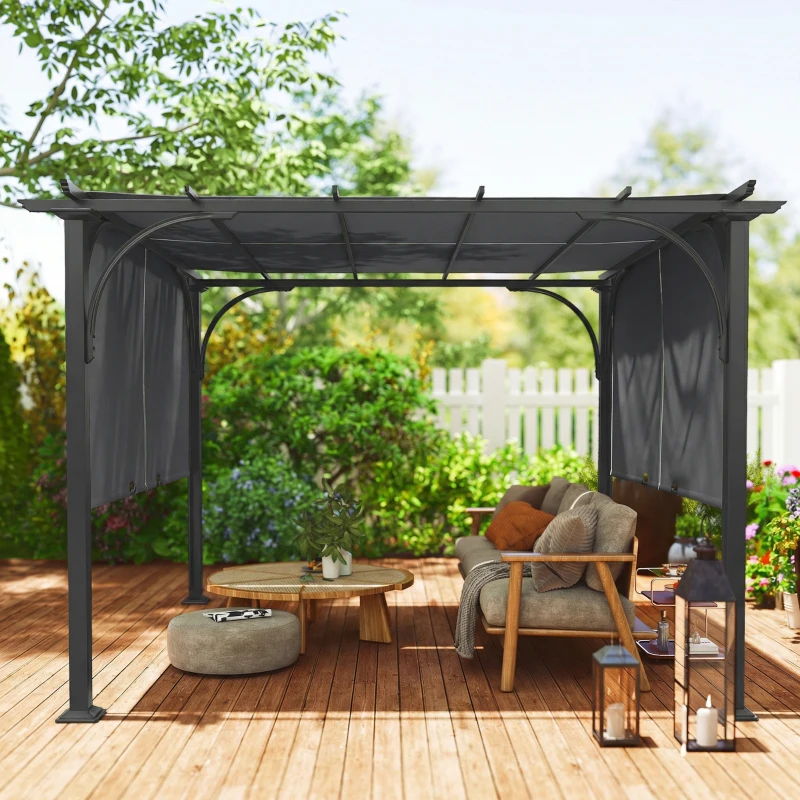 Outsunny 10' x 10' Retractable Pergola Canopy, UPF50+ Outdoor Metal Pergola Gazebo Sun Shade Shelter with Steel Frame, Dark Grey