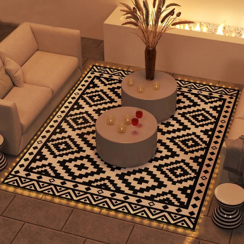 Outsunny Outdoor Rug Carpet Reversible Plastic Straw Rug with LED Lights Black and White 10' x 8' for Patio