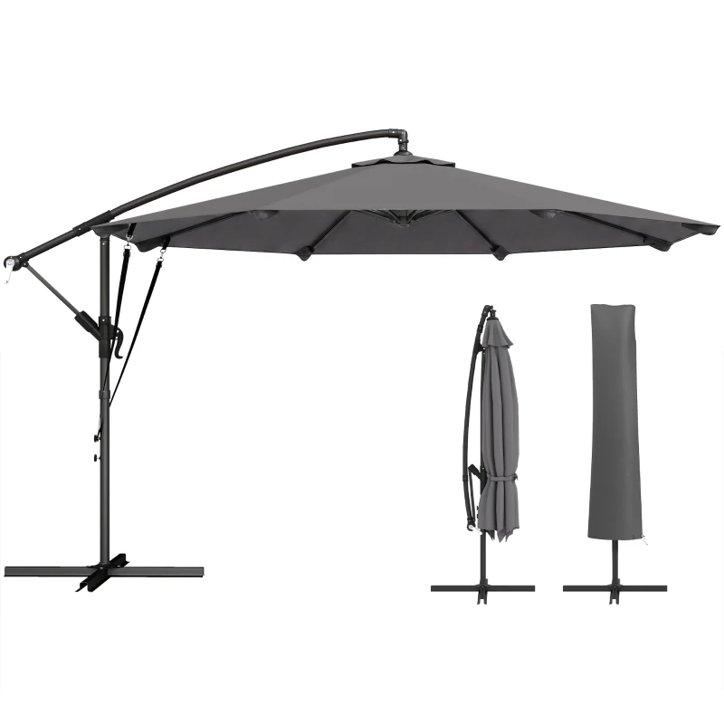 Outsunny 10FT Cantilever Patio Umbrella with 8 Ribs, Offset Patio Umbrella with Cover and Wind Ropes for Garden, Yard, Dark Grey