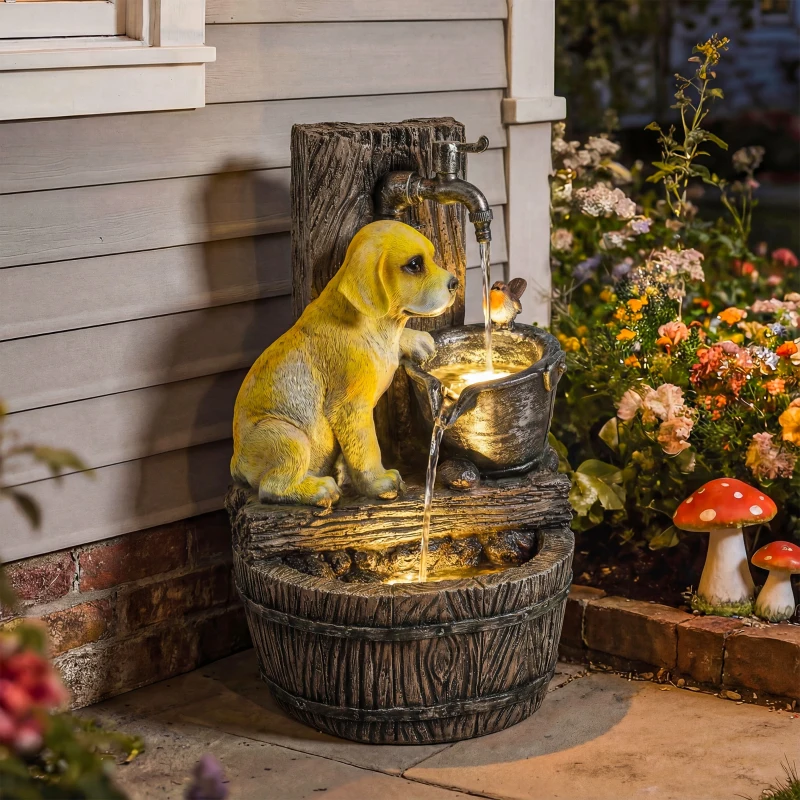 Outsunny 22" Outdoor Fountain with 3-Tier Puppy Theme, Resin Garden Fountain with LED Lights, Adjustable Flow, Rustic Brown