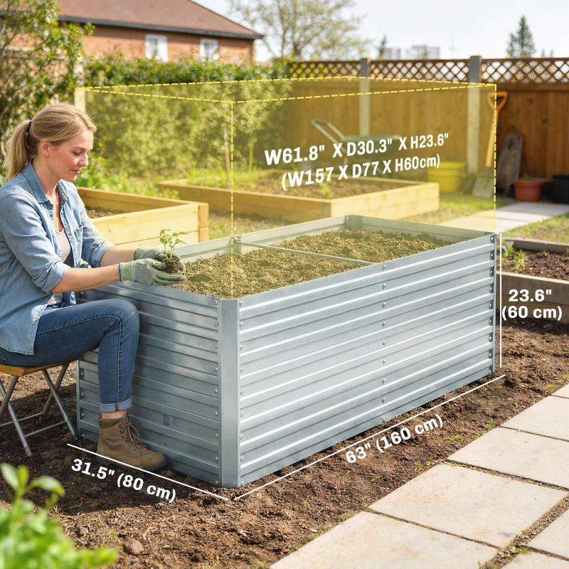 Outsunny 5' x 3' x 2' Raised Garden Bed, Galvanized Planter Box for Growing Flowers, Herbs and Vegetables, Silver