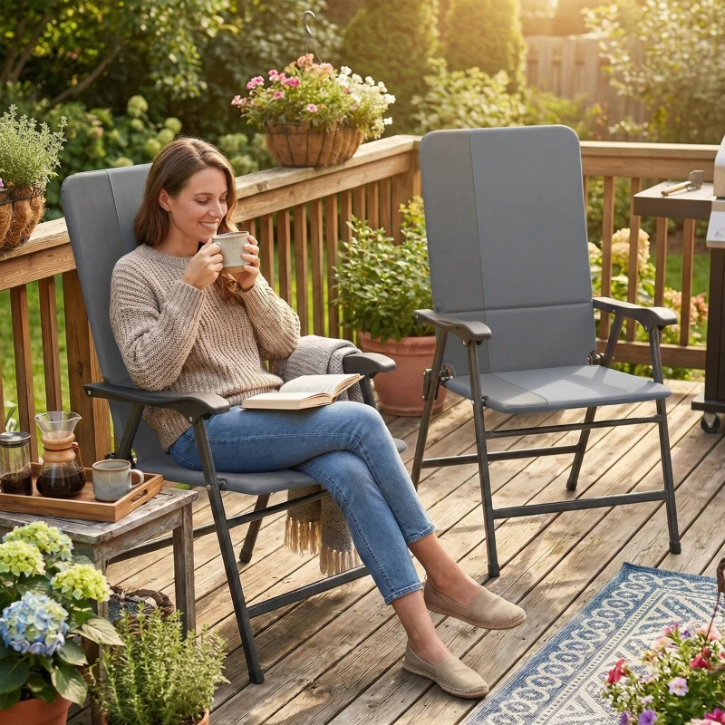 Outsunny Folding Patio Chairs Set of 2, Padded High Back Lawn Camping Chairs with Armrests, 600D Oxford Fabric, Light Gray