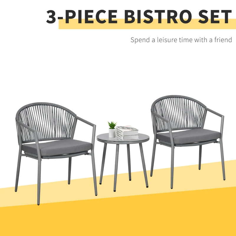 Outsunny 3-Piece Rattan Bistro Set, Garden Seating Group with 2 Armchairs and Coffee Table, Balcony Furniture Set, Grey