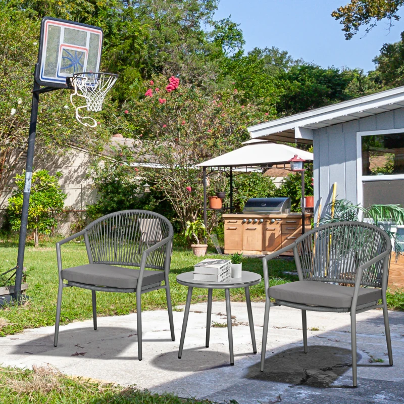 Outsunny 3-Piece Rattan Bistro Set, Garden Seating Group with 2 Armchairs and Coffee Table, Balcony Furniture Set, Grey
