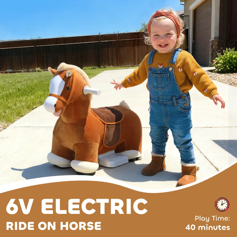 Qaba 6V Battery Powered Ride on Horse with Music, Forward, Foot Pedal, Soft Touch, Washable Cover, for 1.5-5 Years Old
