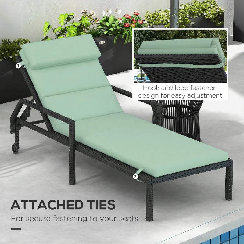 Outsunny Patio Chaise Lounge Chair Cushion Replacement Sun Lounger Pad with Headrest and Ties, Green