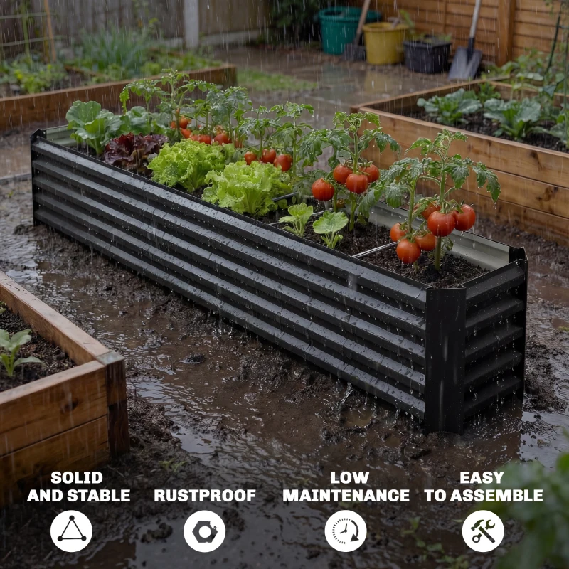 Outsunny 8 x 1.3 x 1.5ft Galvanized Raised Garden Bed, Reinforced Outdoor Planter Box with Open Bottom, Black