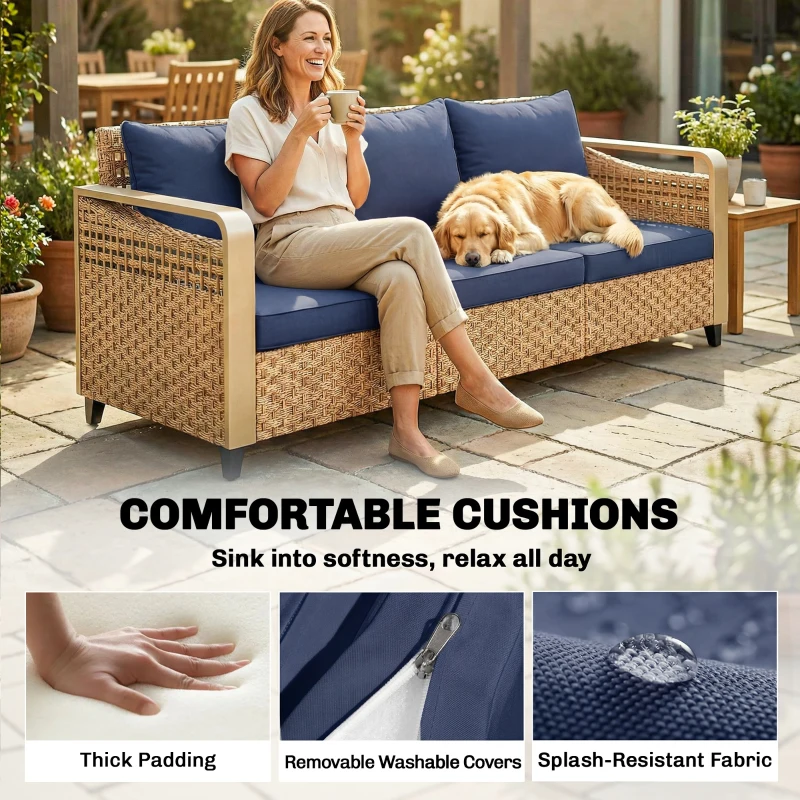 Outsunny Rattan Wicker Sofa 3-Seater Outdoor Patio Sofa with Cushions for Garden Backyard Porch Dark Blue