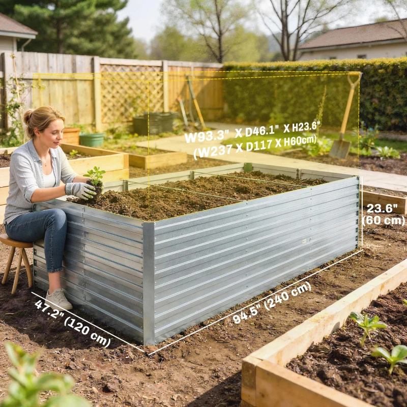 Outsunny 8' x 4' x 2' Raised Garden Bed, Galvanized Planter Box for Growing Flowers, Herbs and Vegetables, Silver