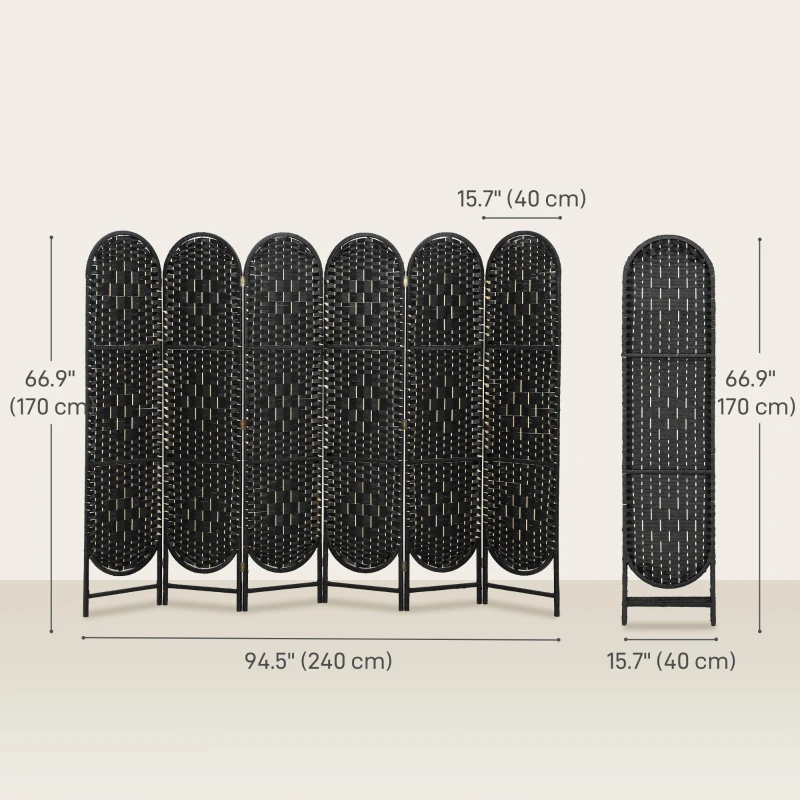 HOMCOM Bohemian Privacy Screen, Folding Room Divider with 6 Panels and Arched Top for Bedroom Living Room Office, Black