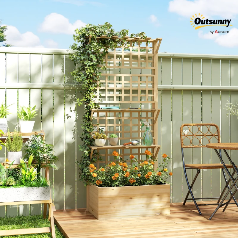 Outsunny Wooden Raised Garden Bed with Trellis and Roof, Elevated Planter Box with 2 Shelves, Drainage Hole and Liner, Natural
