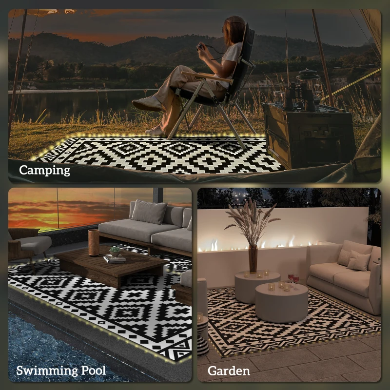 Outsunny Outdoor Rug Carpet Reversible Plastic Straw Rug with LED Lights Black and White 10' x 8' for Patio