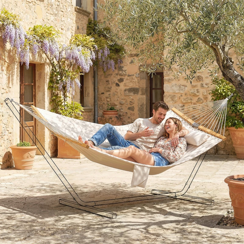 Outsunny Outdoor Hammock 2-Person, with Pillow & Pad, 440 lbs Capacity, Cream White