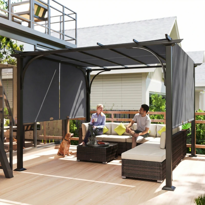 Outsunny 10' x 10' Retractable Pergola Canopy, UPF50+ Outdoor Metal Pergola Gazebo Sun Shade Shelter with Steel Frame, Dark Grey