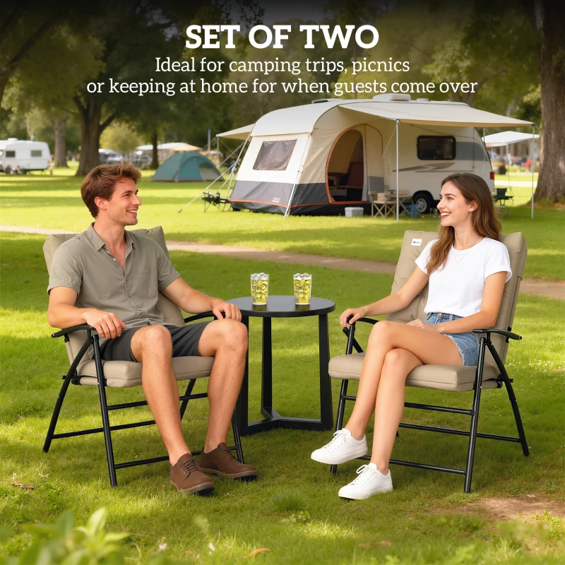 Outsunny Set of 2 Outdoor Folding Chairs with Adjustable Backrest, Padded Camping Chairs for Outdoor Events, Khaki