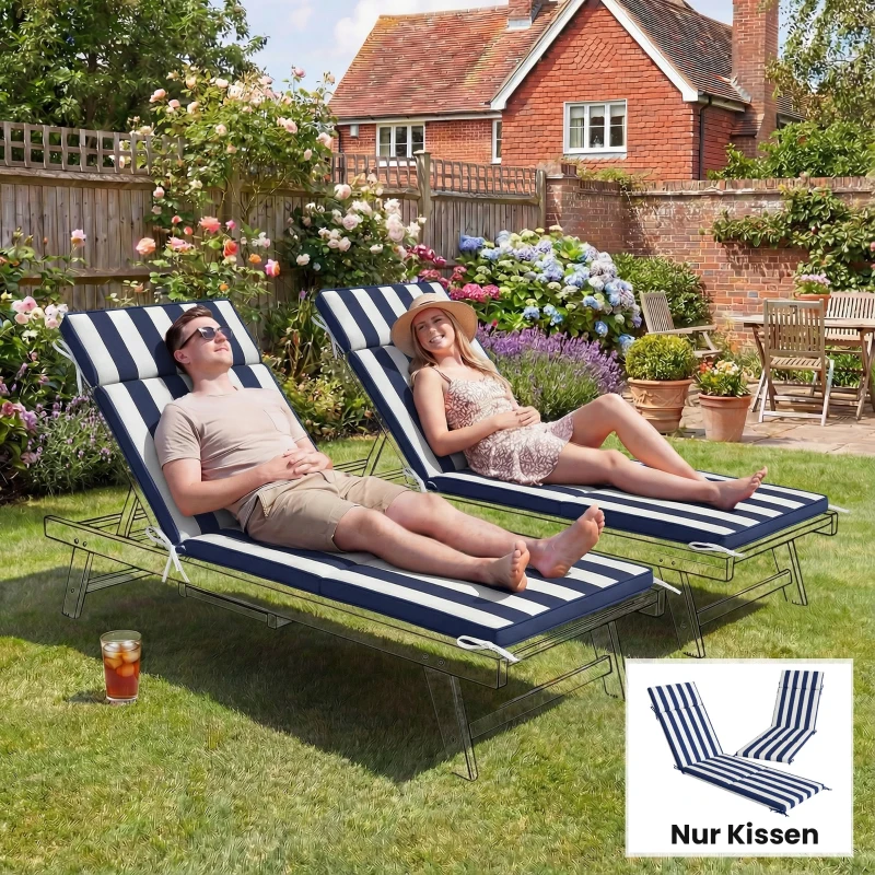 Outsunny Outdoor Chaise Lounge Cushions Set of 2 with 6 Ties, High-Density Foam, for Patio and Poolside, Dark Blue and White