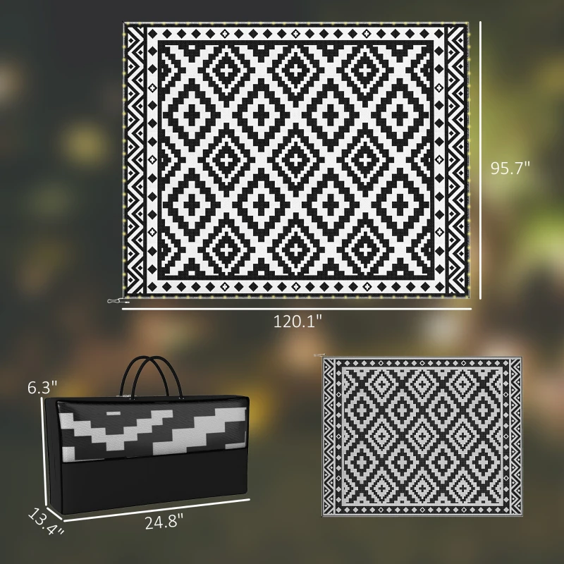 Outsunny Outdoor Rug Carpet Reversible Plastic Straw Rug with LED Lights Black and White 10' x 8' for Patio