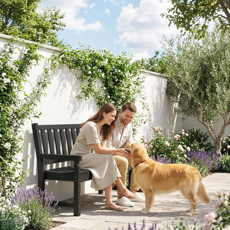 Outsunny 2-Person Garden Bench, HDPE Outdoor Bench with 530 lbs Capacity, Curved Seat for Backyard, Park, Porch, Lawn, Black