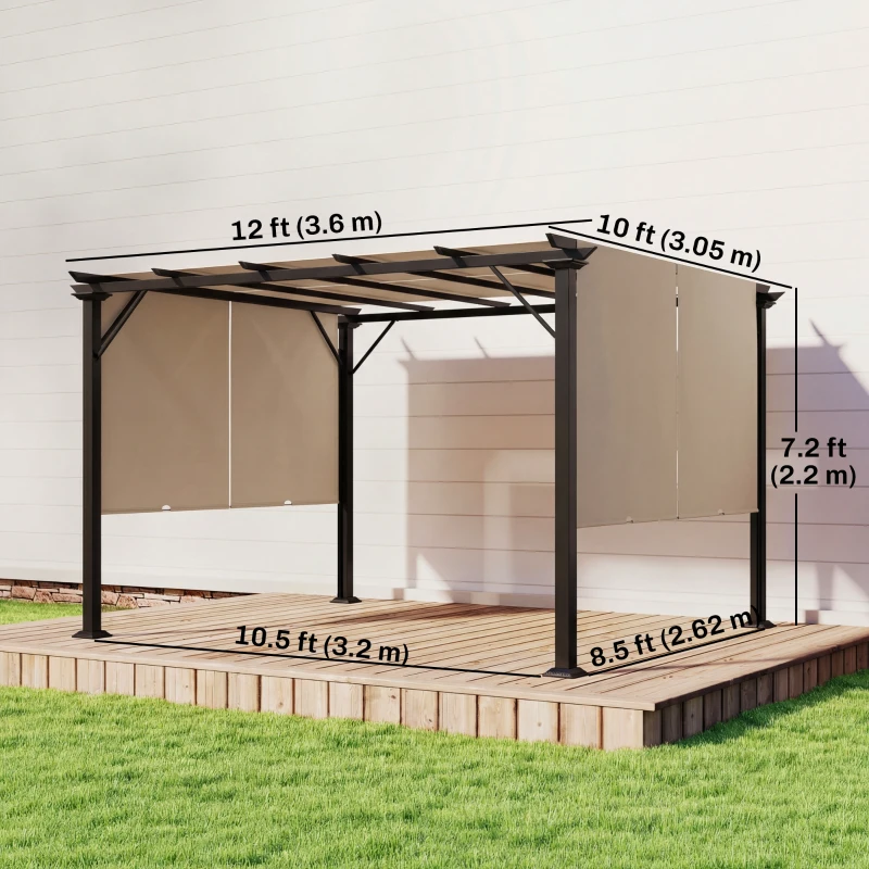 Outsunny 12' x 10' Outdoor Patio Gazebo Pergola with Retractable Canopy Roof, Steel Frame with Stakes, Light Brown