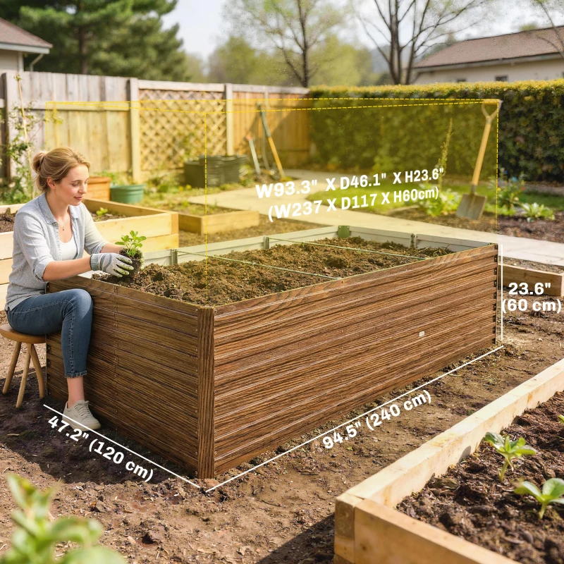 Outsunny 8' x 4' x 2' Raised Garden Bed, Galvanized Planter Box for Growing Flowers, Herbs and Vegetables Dark Brown Wood Effect