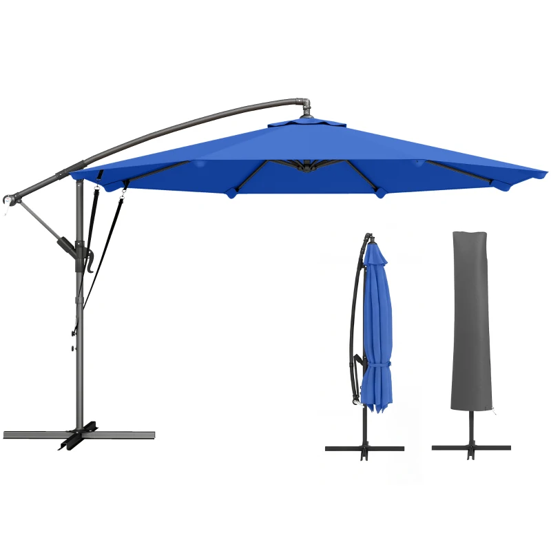 Outsunny 10FT Cantilever Patio Umbrella with 8 Ribs, Offset Patio Umbrella with Cover and Wind Ropes for Garden, Yard, Navy Blue