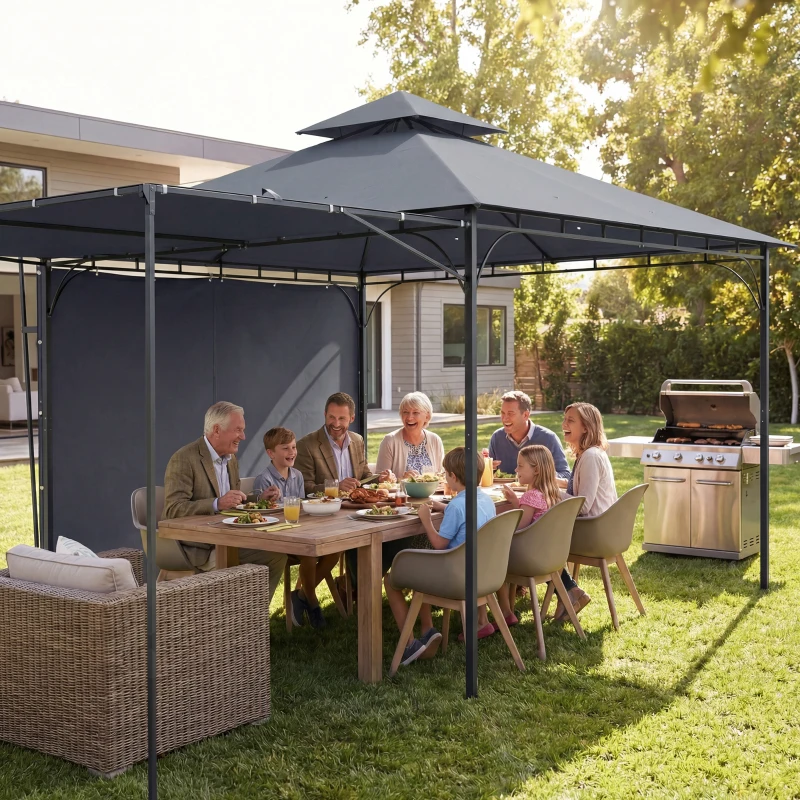 Outsunny Patio Gazebo with Double Roof Outdoor Gazebo Canopy with Extendable Shade 126" x126" Dark Grey
