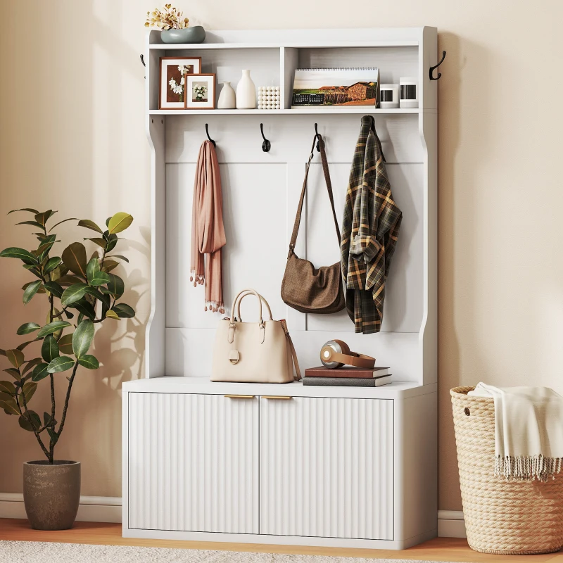 HOMCOM 4-In-1 Hall Tree with Shoe Bench, Modern Coat Rack with Open Shelf for Hallway, Entryway, Bedroom, Living Room, White