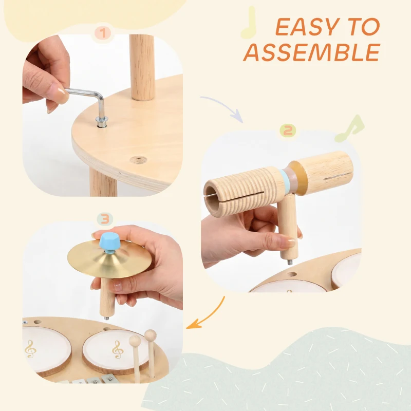 Qaba Toddler Drum Set, 4-in-1 Musical Instruments for Kids 2+, Gifts for Girls Boys Birthday, Natural Wood