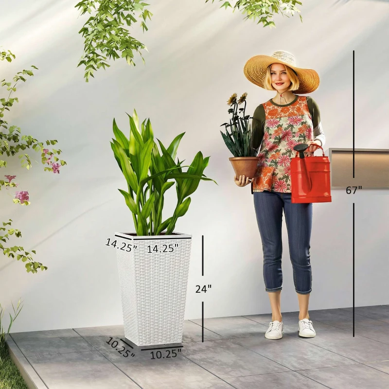 Outsunny Tall Planters for Outdoor Plants Set of 3, 24 In Taper Planters with Drainage Holes, Rattan Decor Plant Pots, White