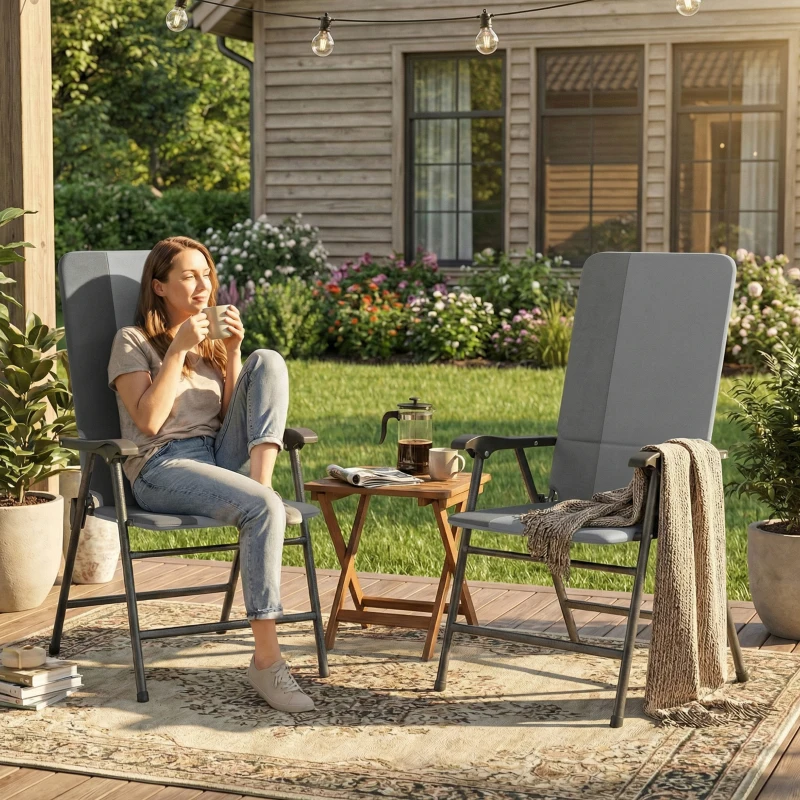 Outsunny Folding Patio Chairs Set of 2, Padded High Back Lawn Camping Chairs with Armrests, 600D Oxford Fabric, Light Gray