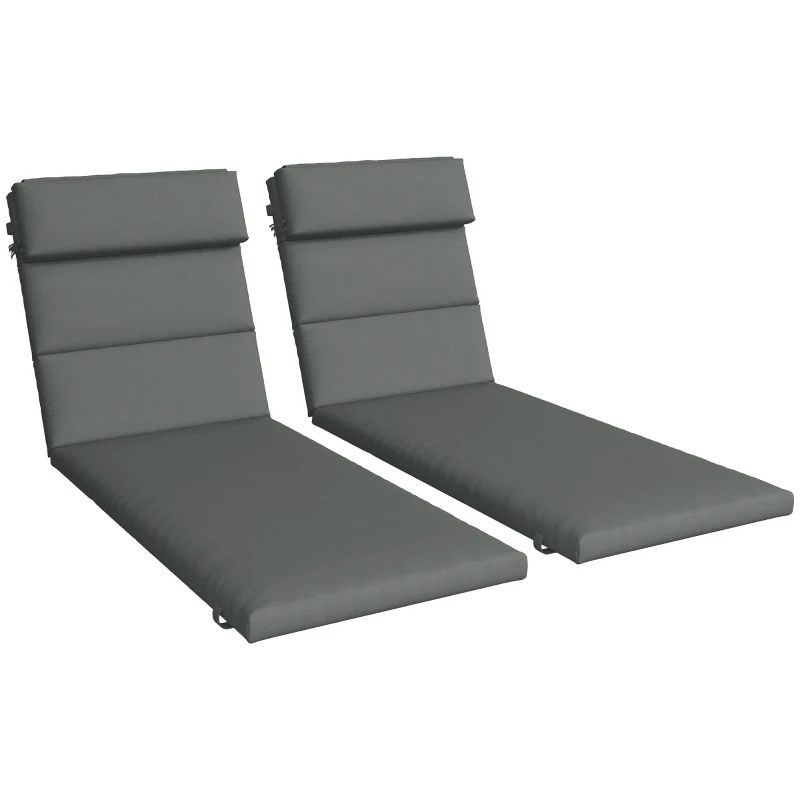 Outsunny Patio Chaise Lounge Chair Cushions Replacement Sun Lounger Pads with Headrest and Ties, Set of 2, Grey