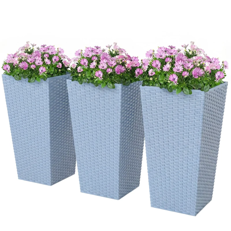 Outsunny Tall Planters for Outdoor Plants Set of 3, 24 In Taper Planters with Drainage Holes, Rattan Decor Plant Pots, Light Gray