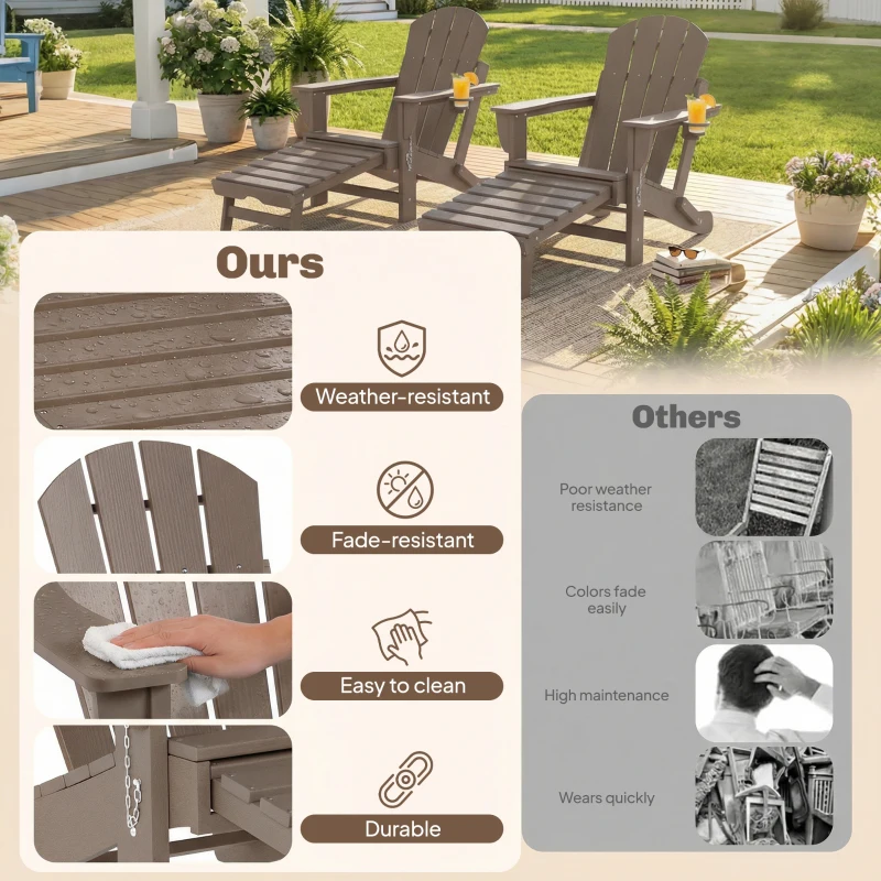 Outsunny Folding Adirondack Chair Set of 2, HDPE Fire Pit Chair with Retractable Ottoman and Cup Holder, Brown