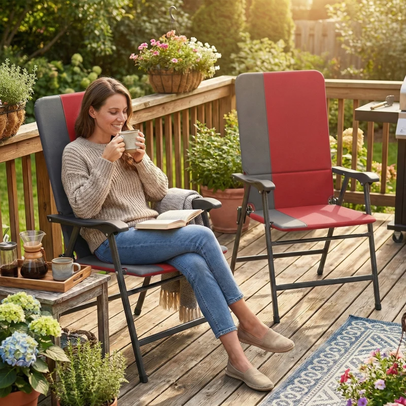 Outsunny Folding Patio Chairs Set of 2, Padded High Back Lawn Camping Chairs with Armrests, 600D Oxford Fabric, Red