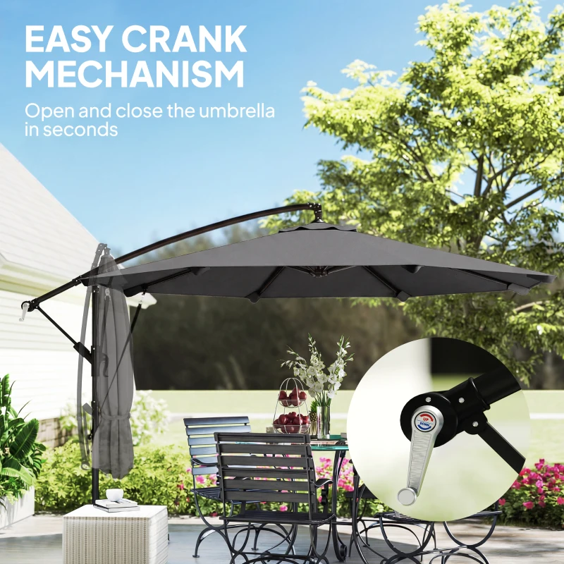 Outsunny 10FT Cantilever Patio Umbrella with 8 Ribs, Offset Patio Umbrella with Cover and Wind Ropes for Garden, Yard, Dark Grey