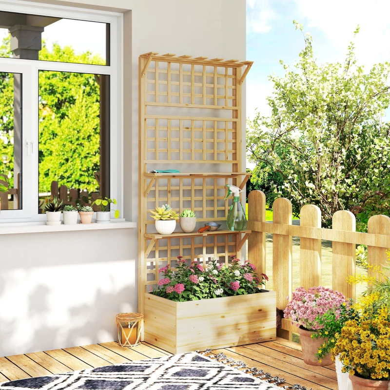 Outsunny Wooden Raised Garden Bed with Trellis and Roof, Elevated Planter Box with 2 Shelves, Drainage Hole and Liner, Natural