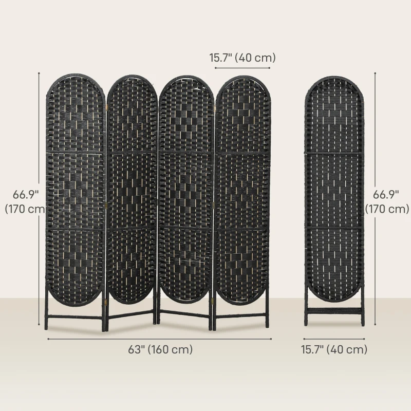 HOMCOM Bohemian Privacy Screen, Folding Room Divider with 4 Panels and Arched Top for Bedroom Living Room Office, Black
