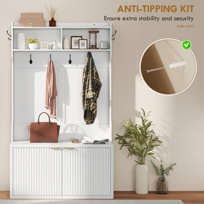 HOMCOM 4-In-1 Hall Tree with Shoe Bench, Modern Coat Rack with Open Shelf for Hallway, Entryway, Bedroom, Living Room, White