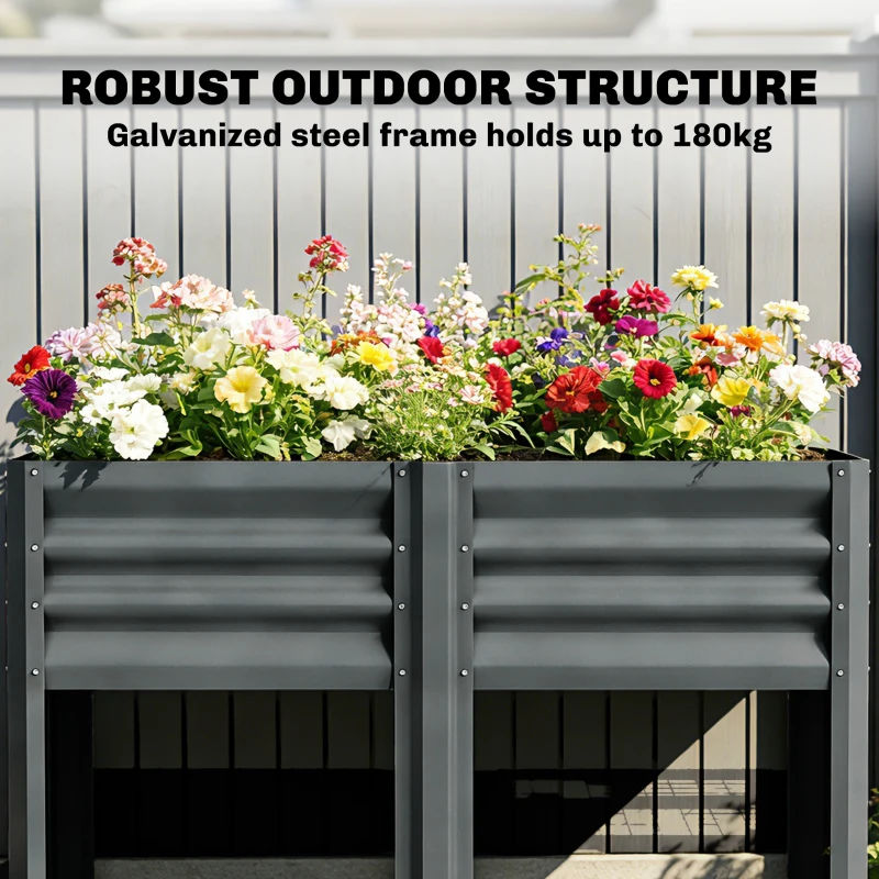 Outsunny Raised Garden Bed Galvanized Steel, Elevated Planter Box with Storage Shelf, Bed Liner, 31.5" High, Dark Gray
