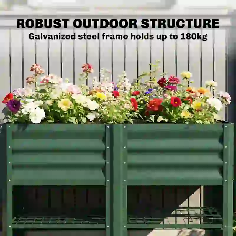 Outsunny Raised Garden Bed Galvanized Steel, Elevated Planter Box with Storage Shelf, Bed Liner, 31.5" High, Green